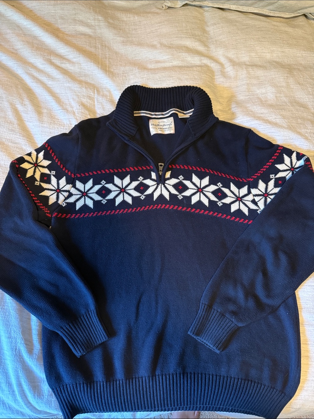 Navy Zip-Up Sweater with White Fair Isle Pattern, 100% Cotton